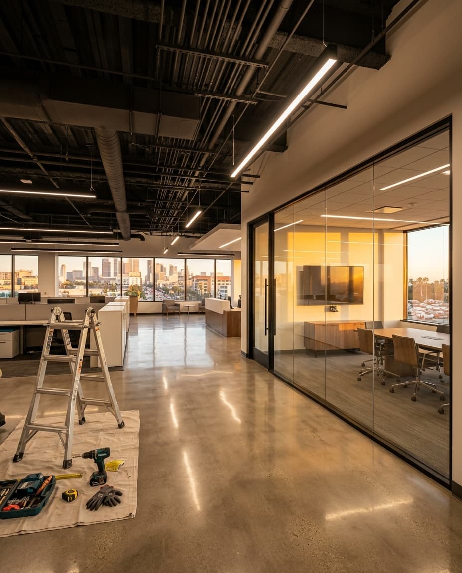 A finished office remodel with glass conference room and polished concrete