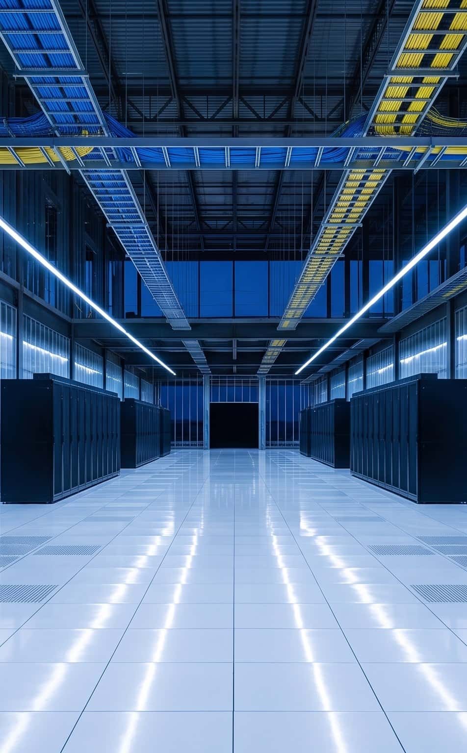 A finished data center hall with server racks and overhead cable trays full of blue and yellow cable