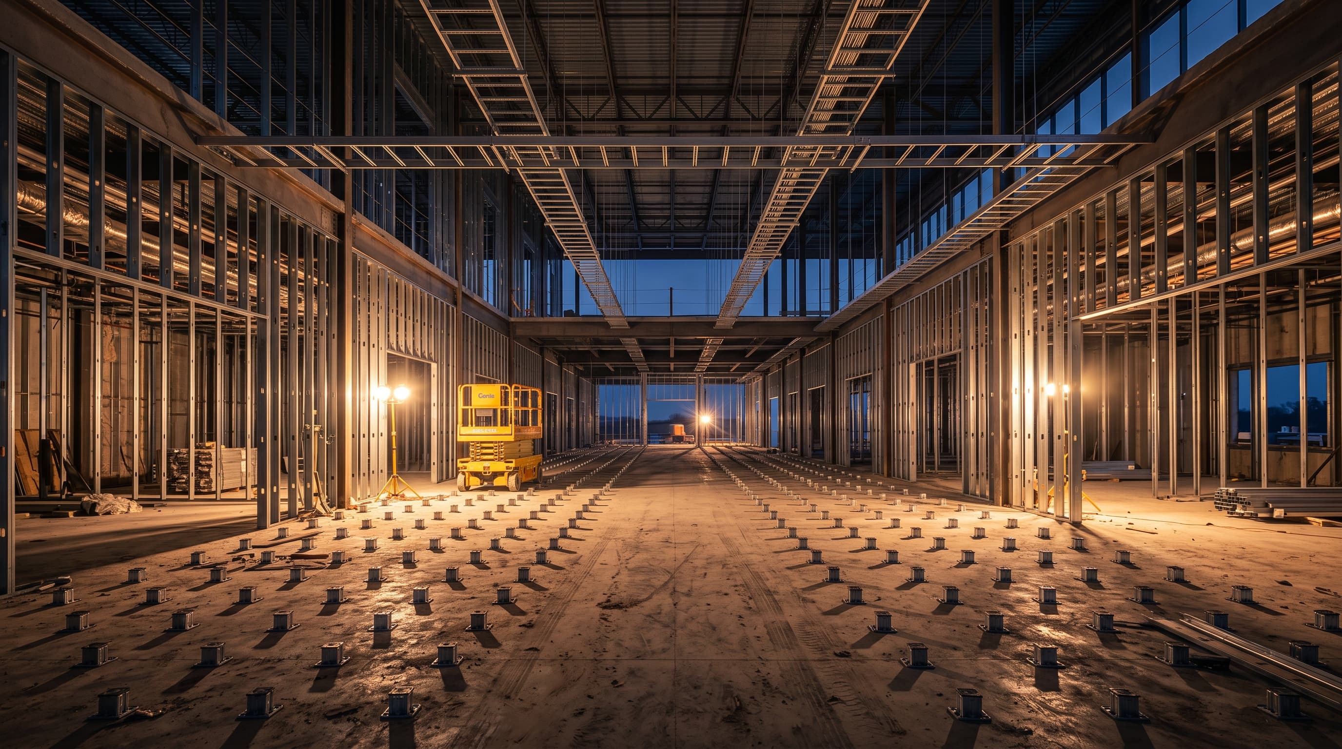 A commercial building interior under construction with steel framing