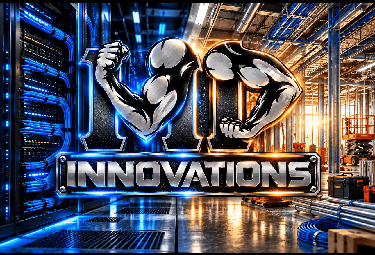 The Man Power Innovations logo between a data center on one side and a construction site on the other